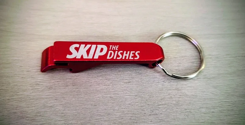 Brand New Skip The Dishes Red Bottle Opener Keychain
