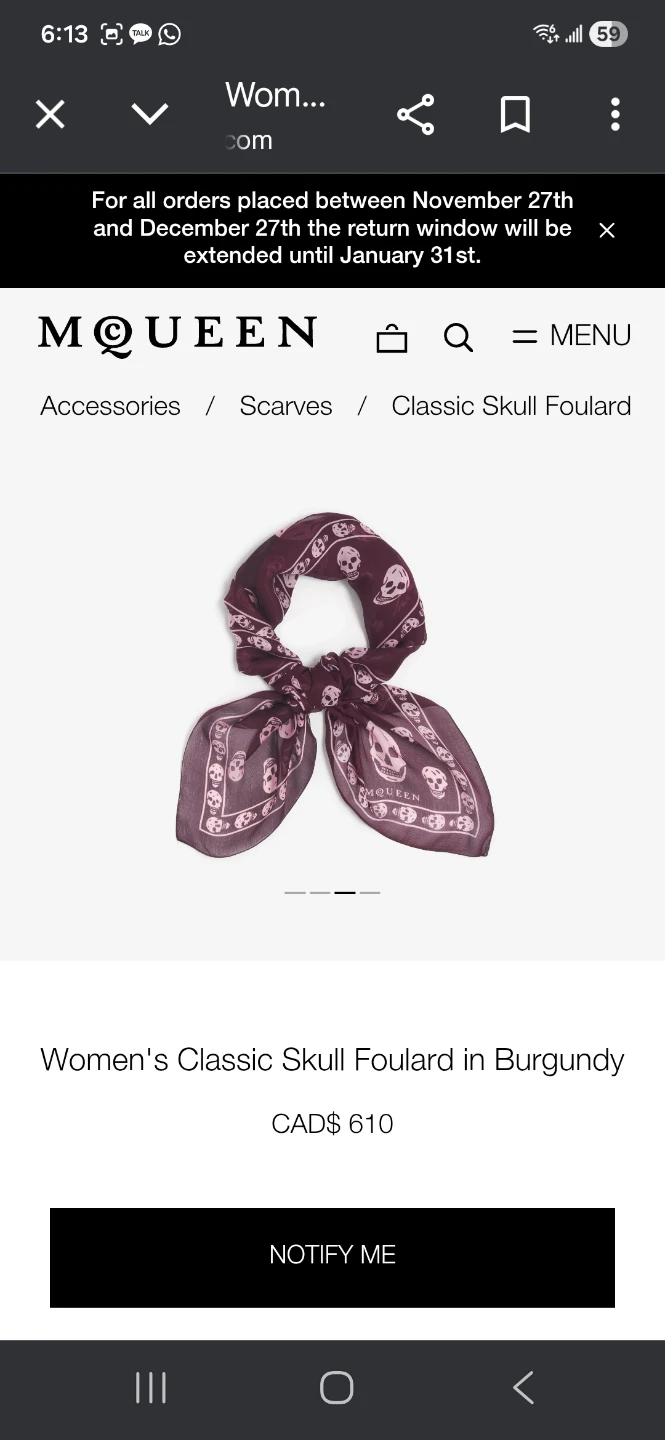 Alexander McQueen Women's Classic Skull Foulard - Burgundy