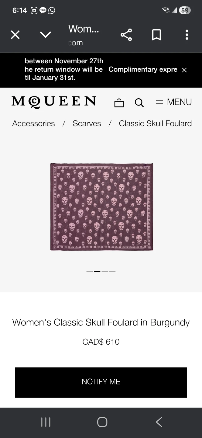 Alexander McQueen Women's Classic Skull Foulard - Burgundy - photo 3