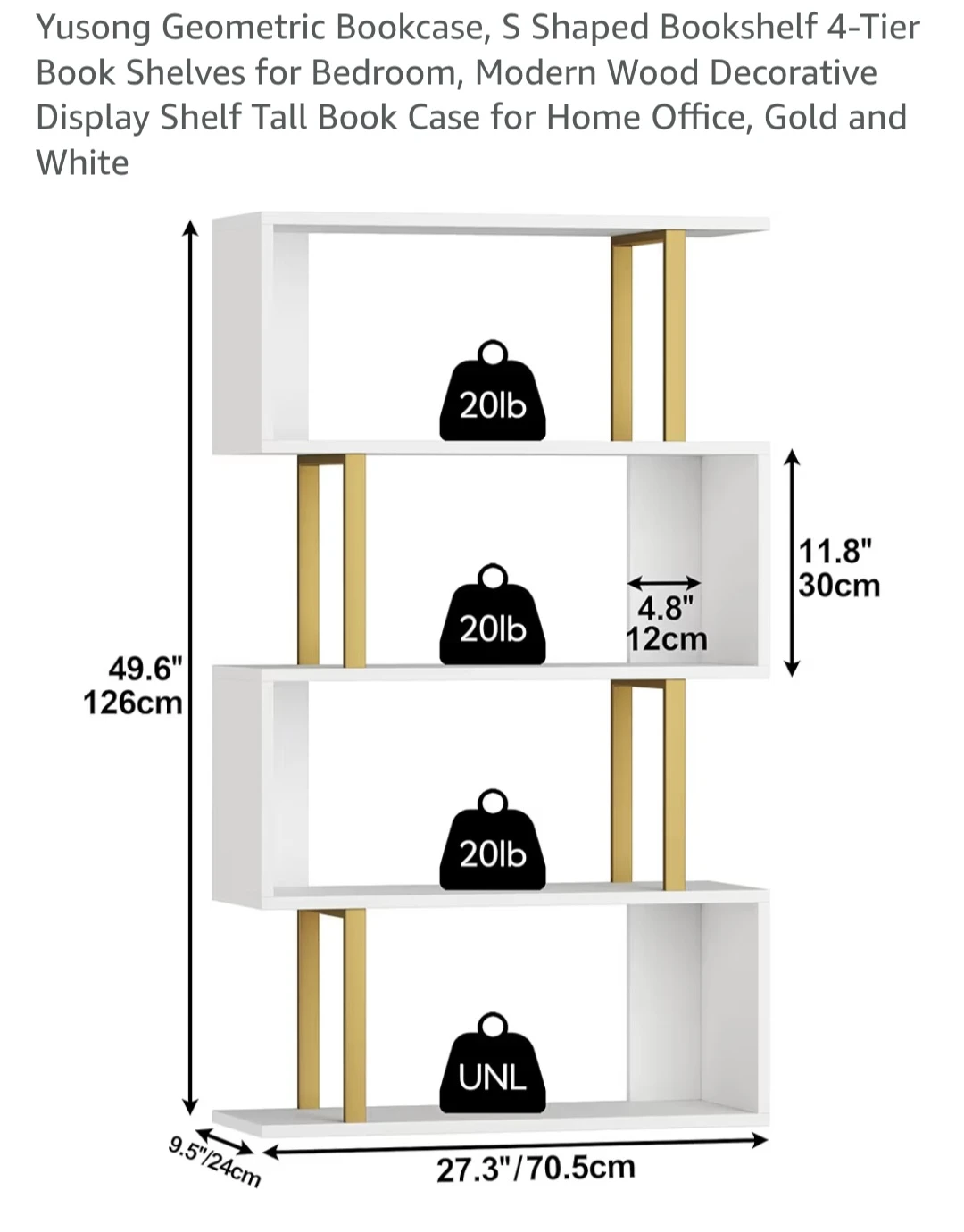 Yusong Geometric Bookshelf - White & Gold, 4-Tier