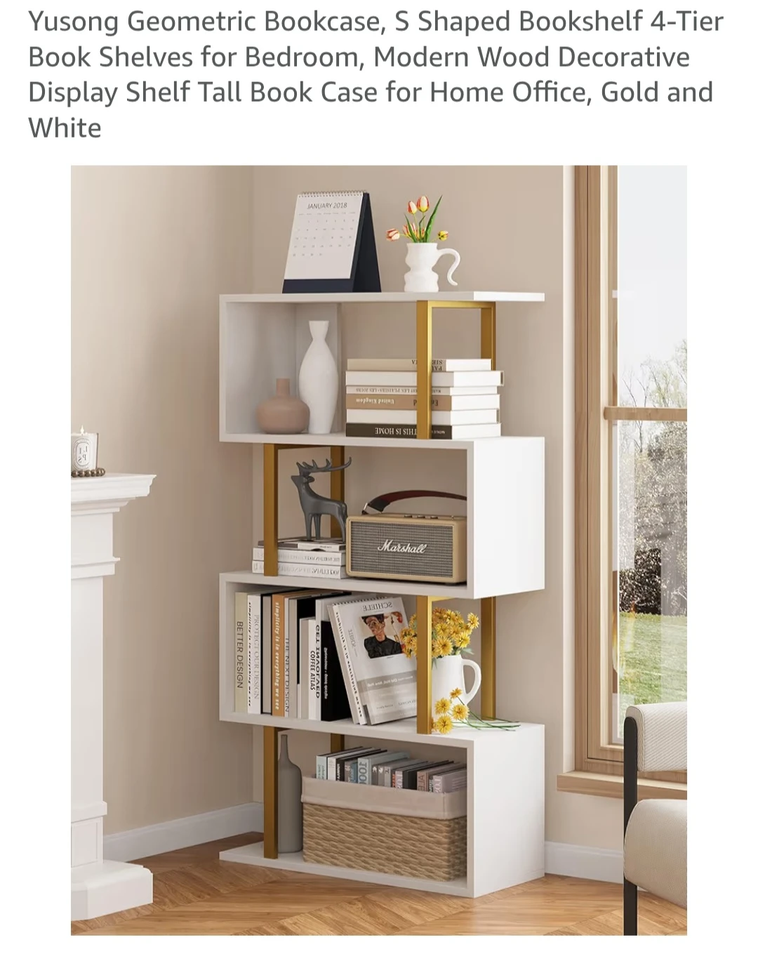 Yusong Geometric Bookshelf - White & Gold, 4-Tier - photo 3