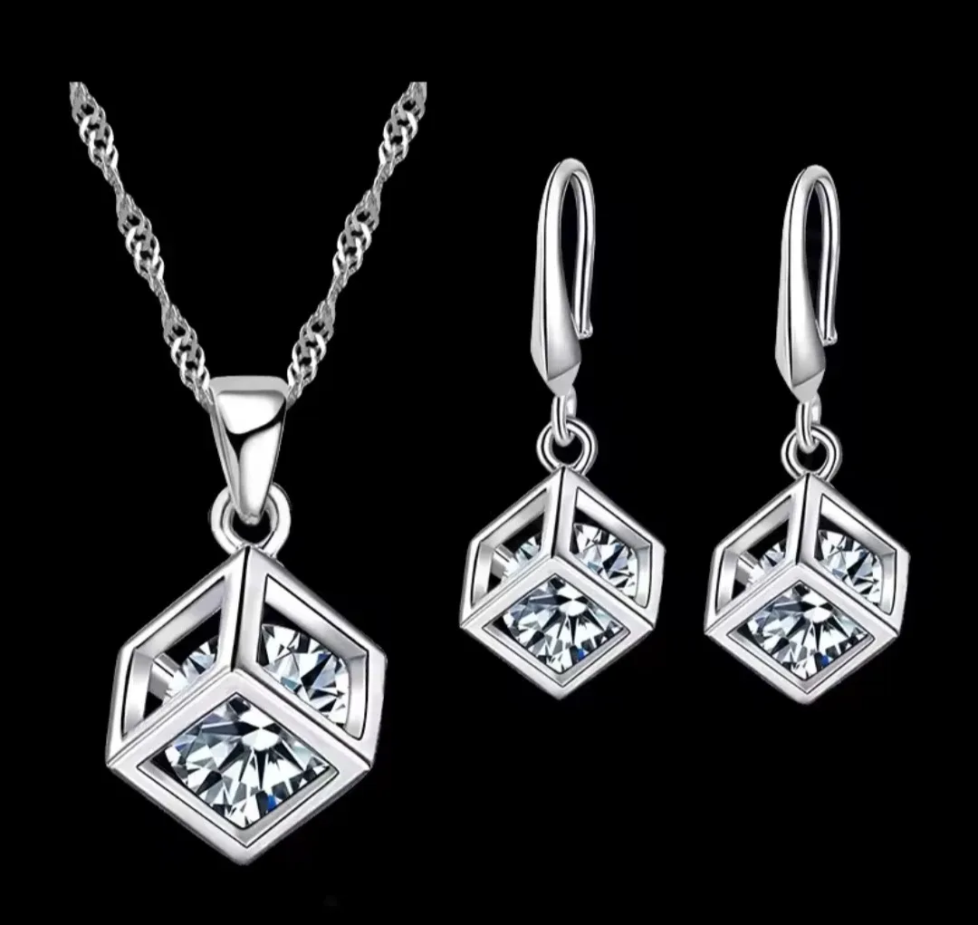 Silver Cube Necklace & Earrings Set