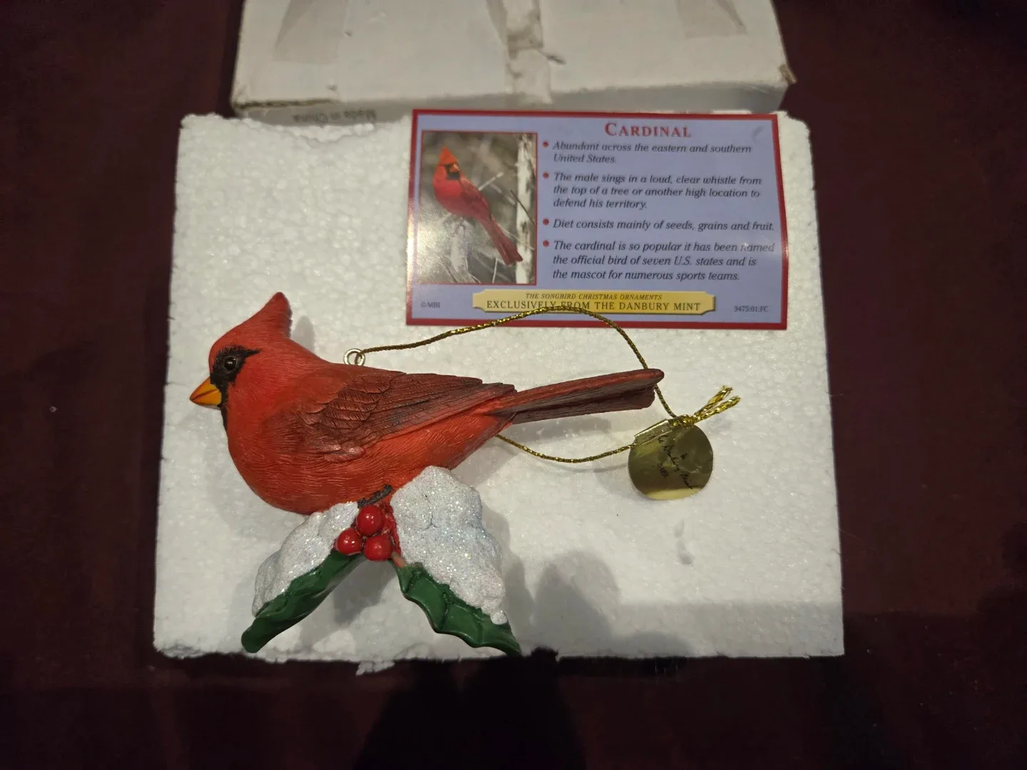 Danbury Mint Cardinal Christmas Ornament - Hand-Painted