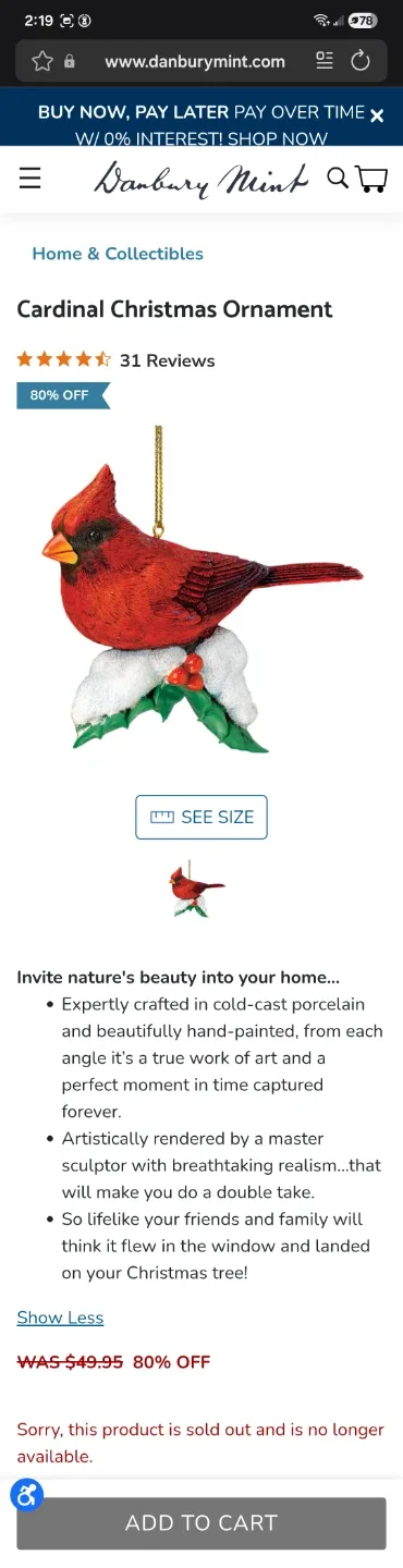 Danbury Mint Cardinal Christmas Ornament - Hand-Painted image indicator(2)