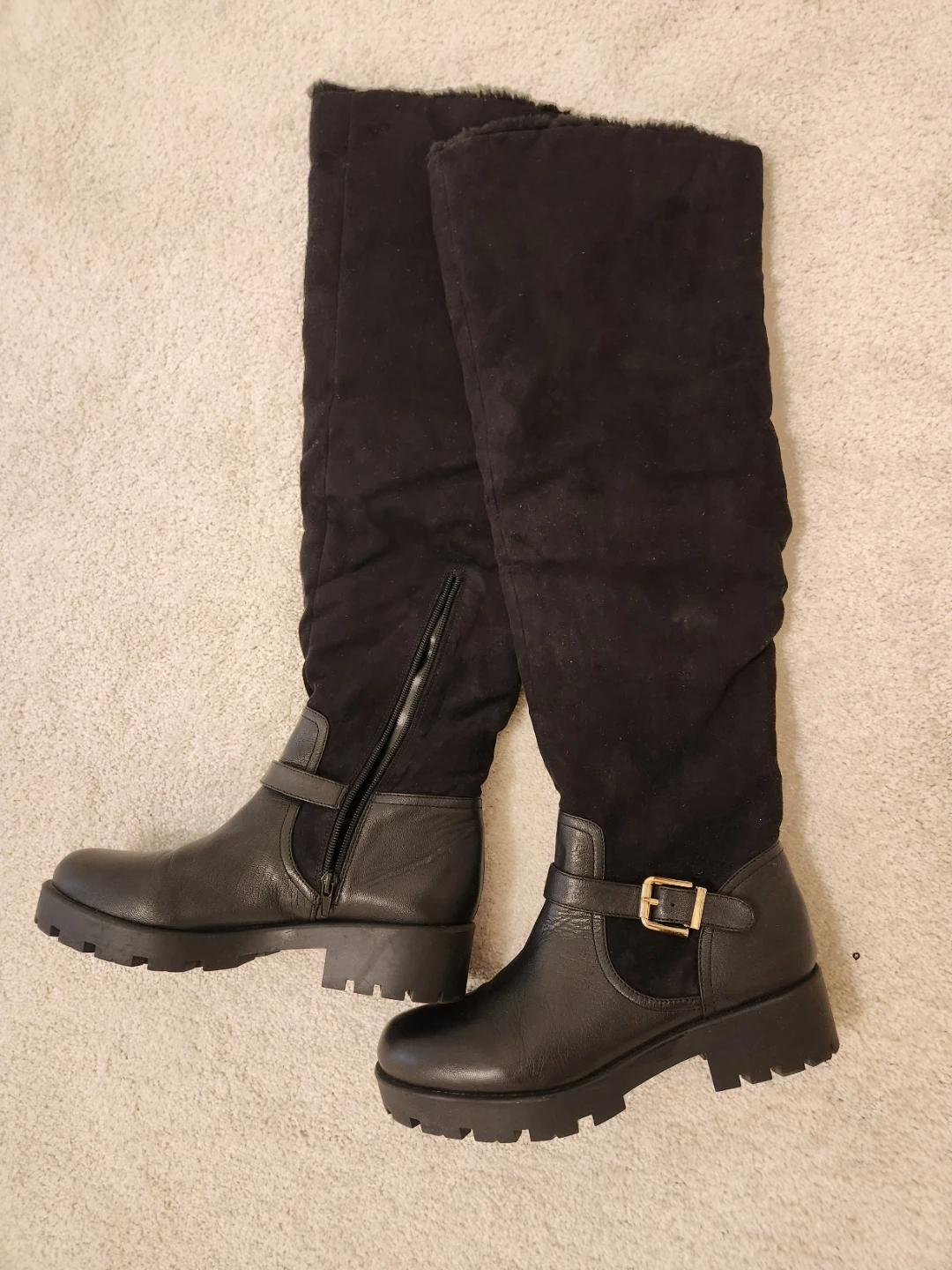 Black Leather & Suede Knee-High Boots. Size 10