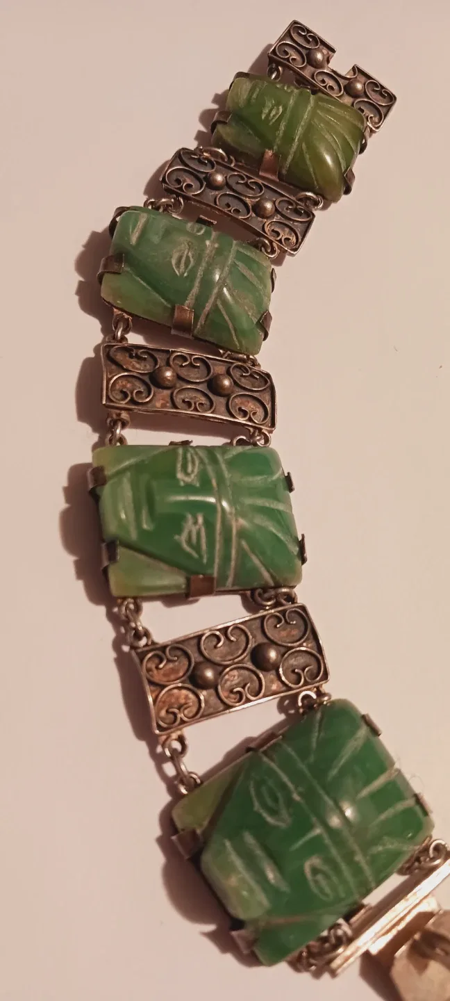 Mexican Sterling Silver 925 Carved Jade Bracelet image indicator(5)
