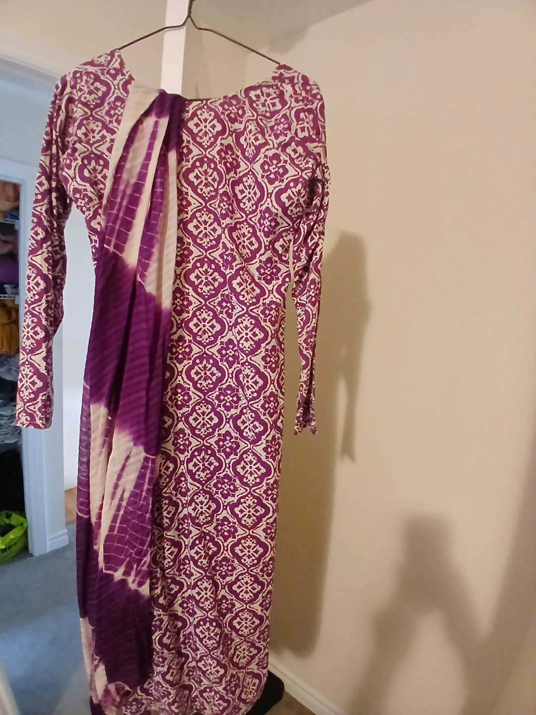 Purple & Cream Patterned Dress with Scarf