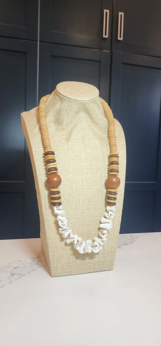 Vintage Boho Wood & White Shell Statement Necklace