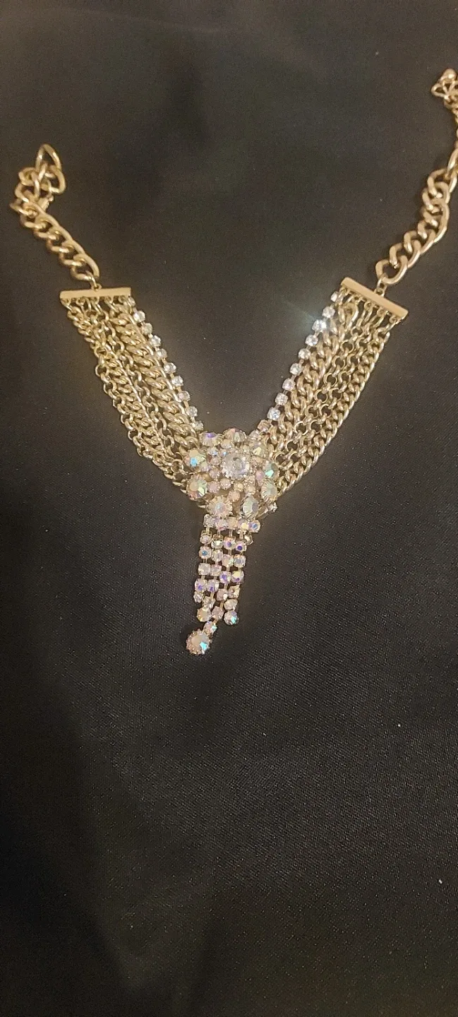 Gold Tone Rhinestone Statement Necklace