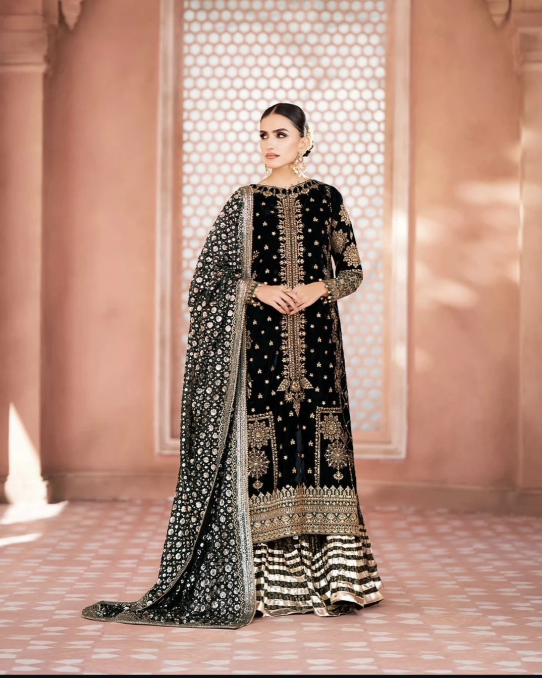 Black & Gold Embroidered Velvet Pakistani Suit