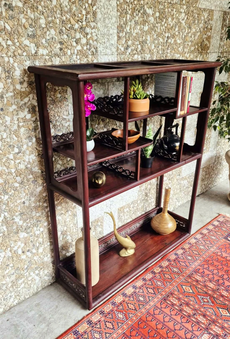 Vintage Staggered Etagere Solid Elm Wall Unit Bookshelf - photo 3