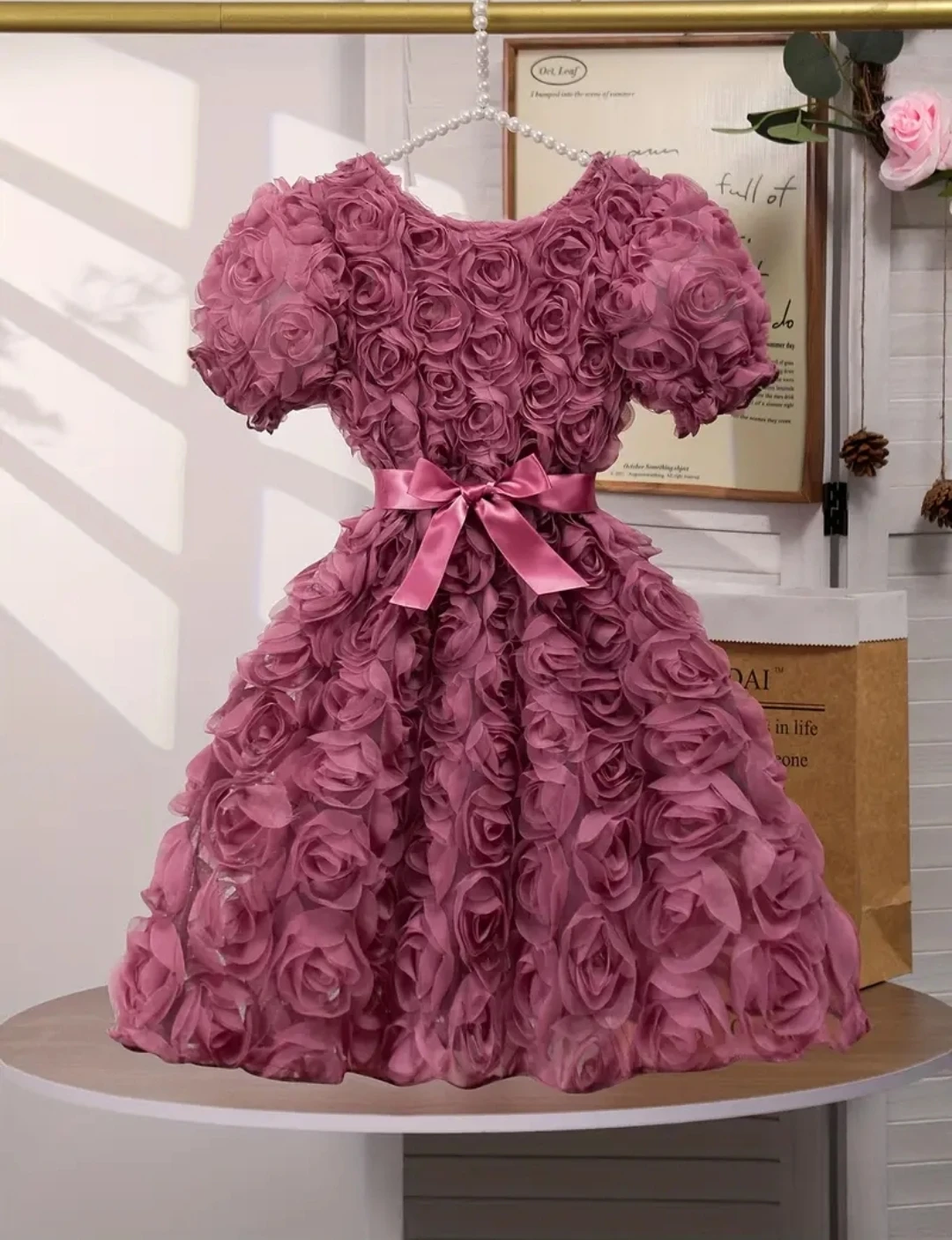 Pink Rose Petal Dress with Ribbon