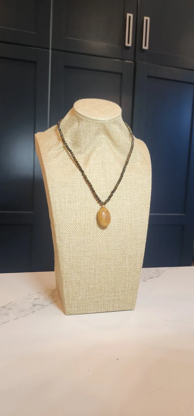 Elegant Beaded Necklace with Amber-Tone Pendant