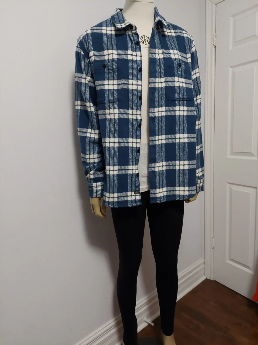 Men Blue Plaid Flannel Shirt Medium