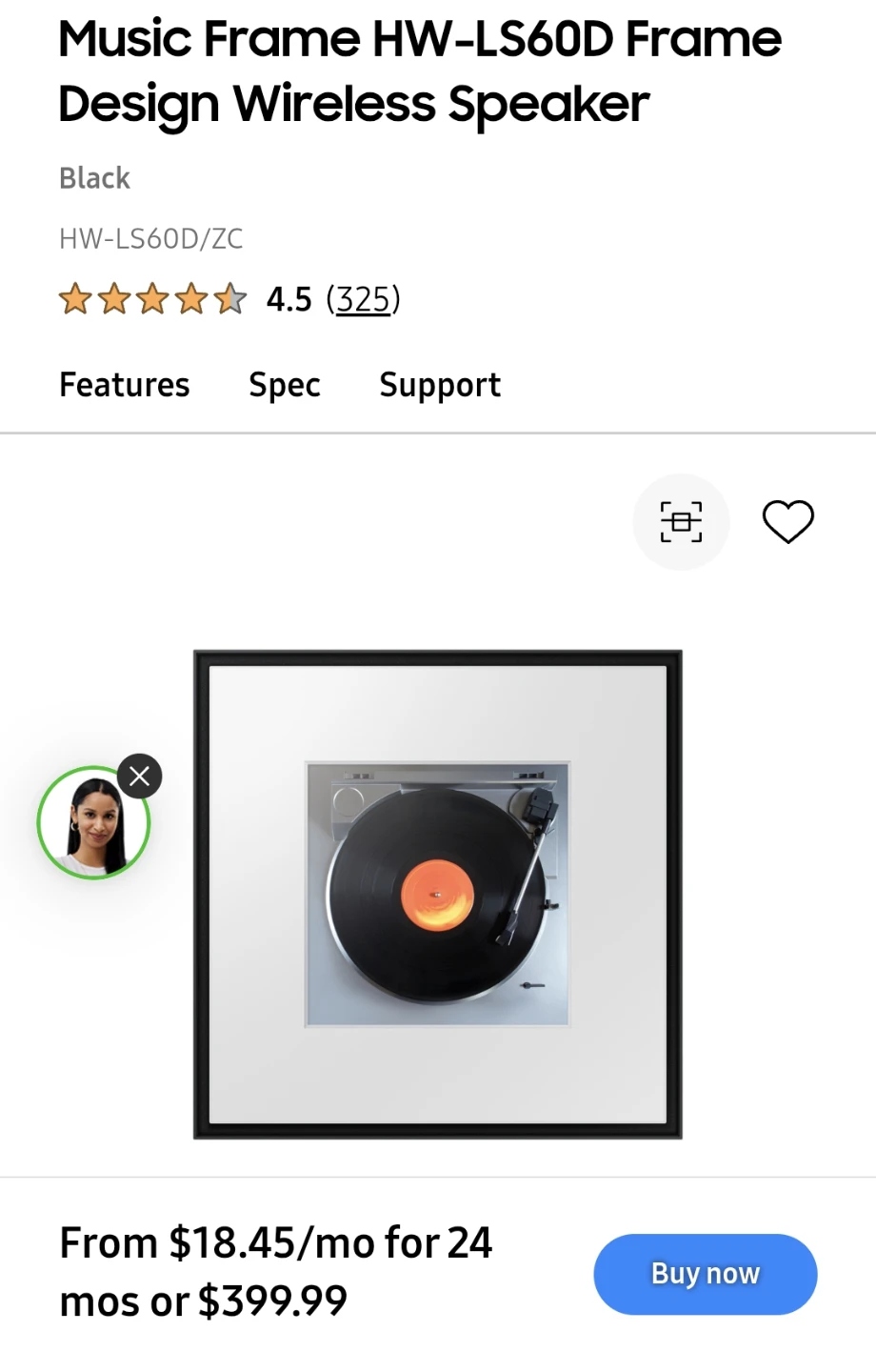 Samsung Music Frame HW-LS60D Wireless Speaker - Black