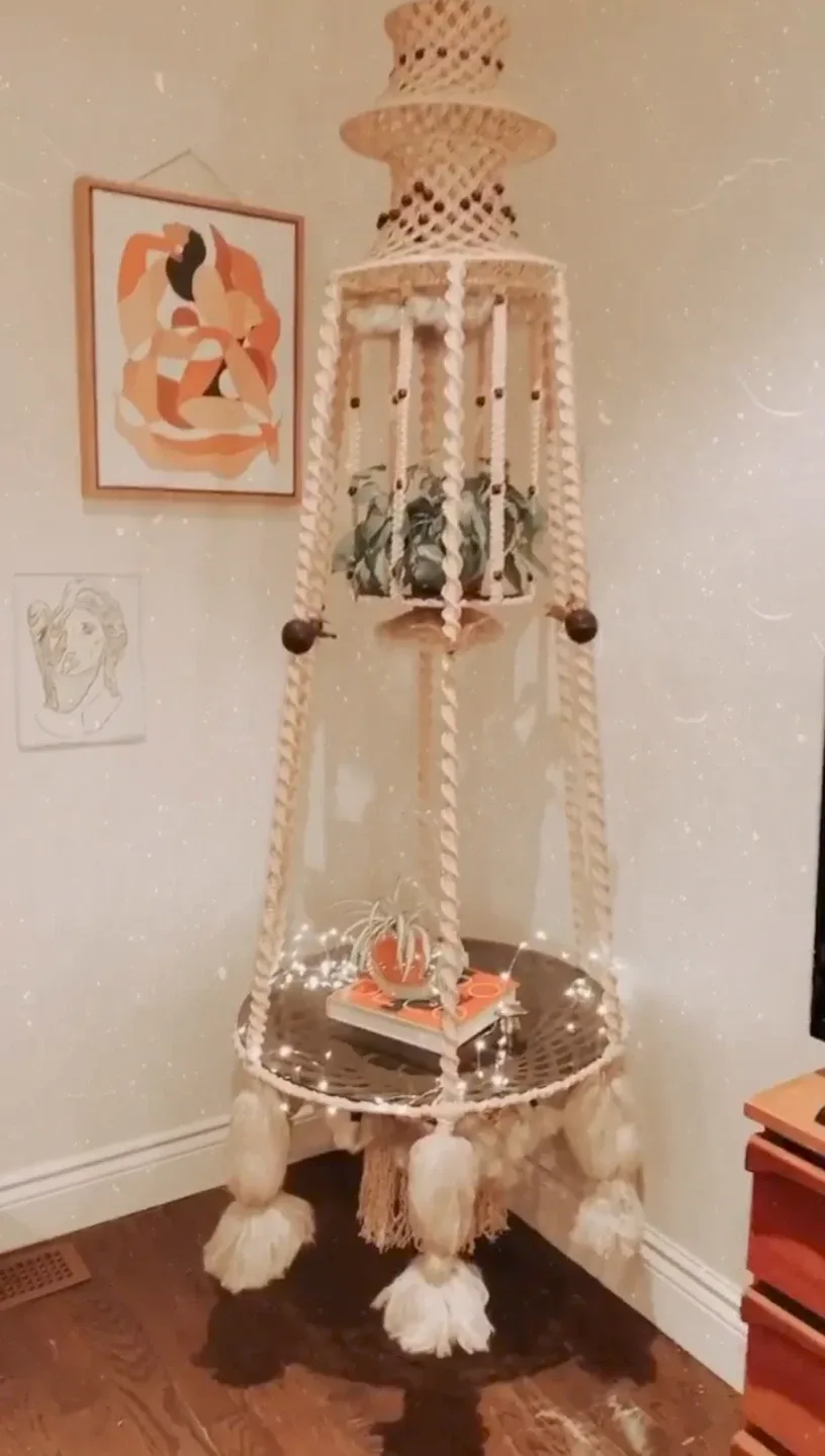Retro bohemian hanging macrame table and plant stand
