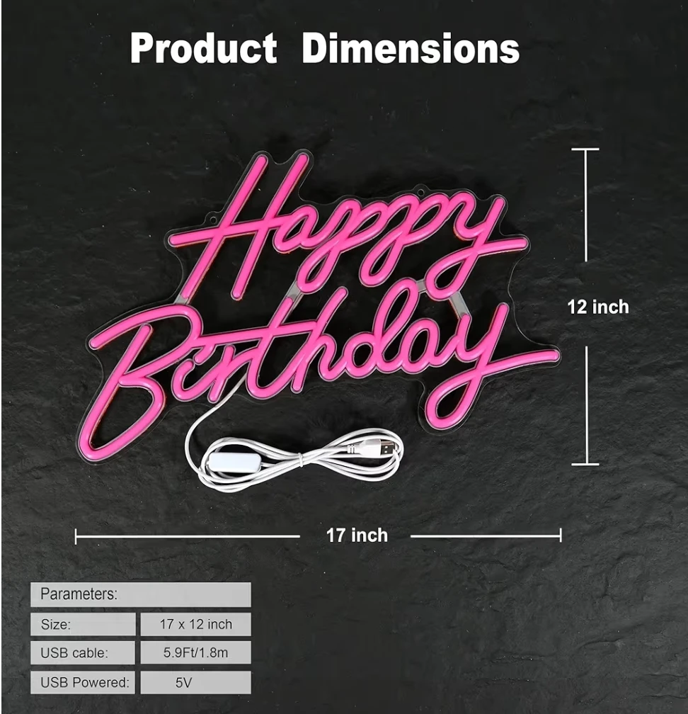 Happy Birthday Neon Sign, Pink, 17x12 inch - photo 5