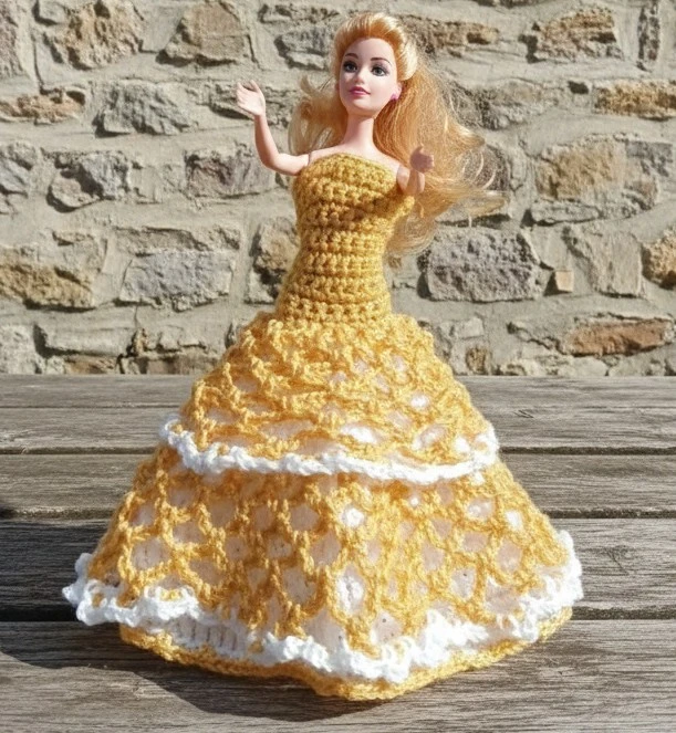 Handmade Crochet Doll Dress - Yellow & White