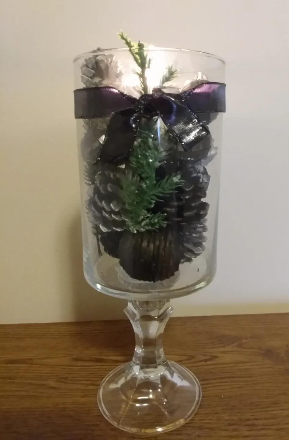 Pine Cone Filled Glass Pedestal Vase