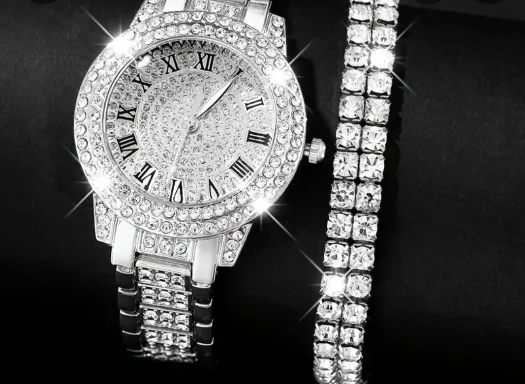 Silver Rhinestone Watch & Bracelet Set