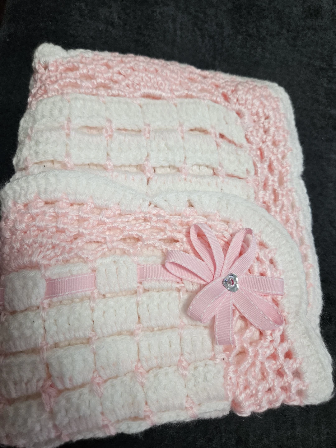 Handmade Crochet Baby Blanket - Pink & White