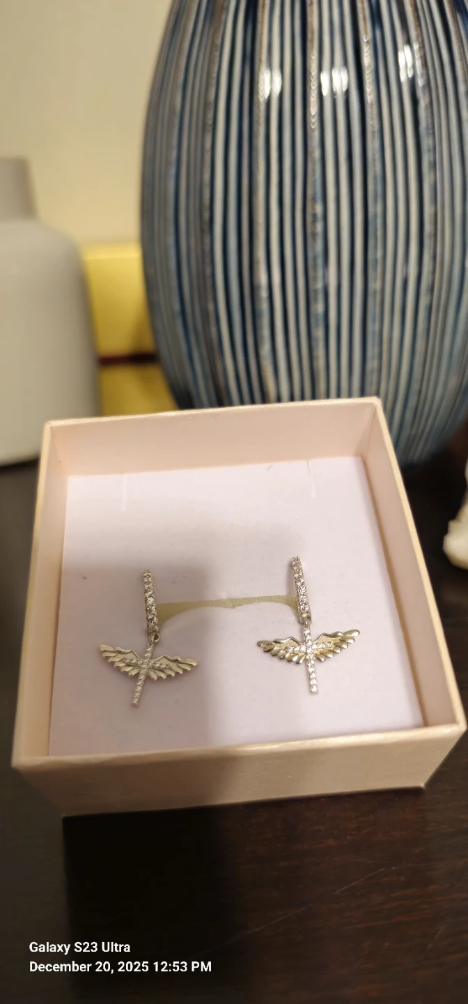 925 Sterling Silver Diamond Angel Wing Cross Dangle Earrings