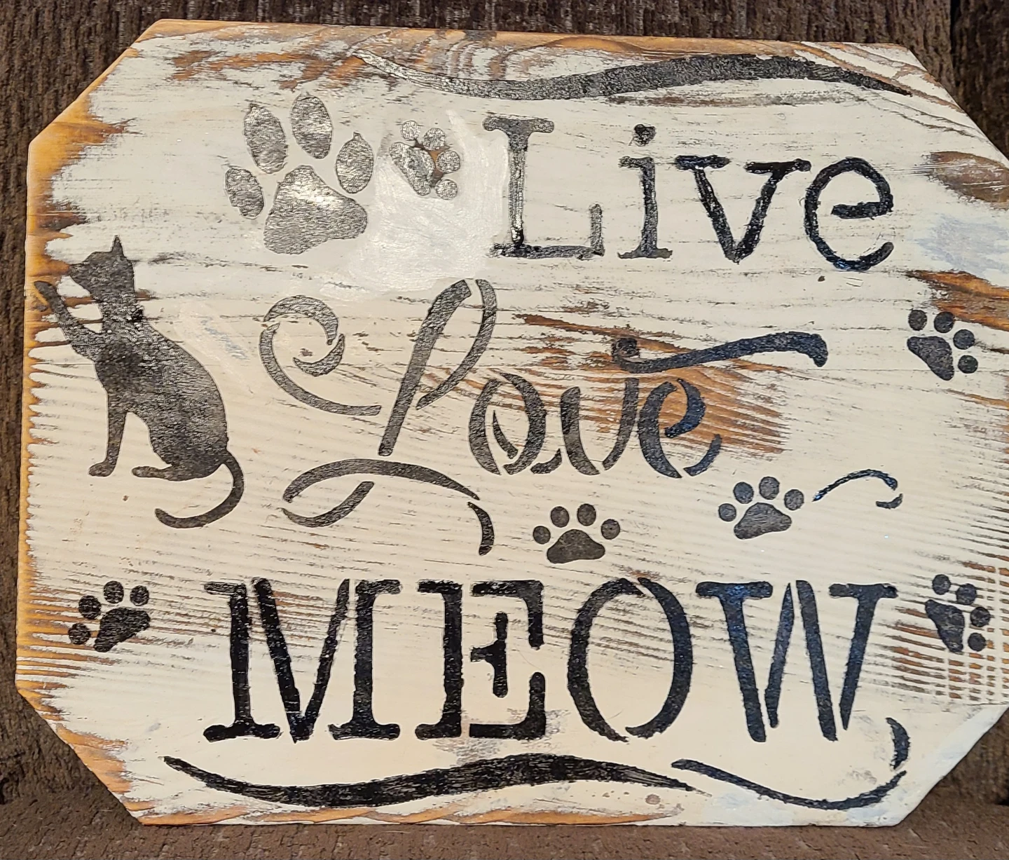 Live Love Meow Cat Paw Print Wood Sign