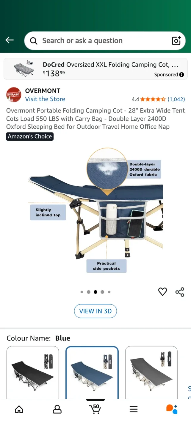 Overmont Portable Folding Camping Cot - Blue image indicator(3)