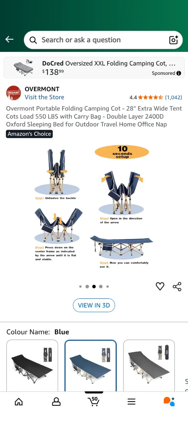 Overmont Portable Folding Camping Cot - Blue image indicator(6)