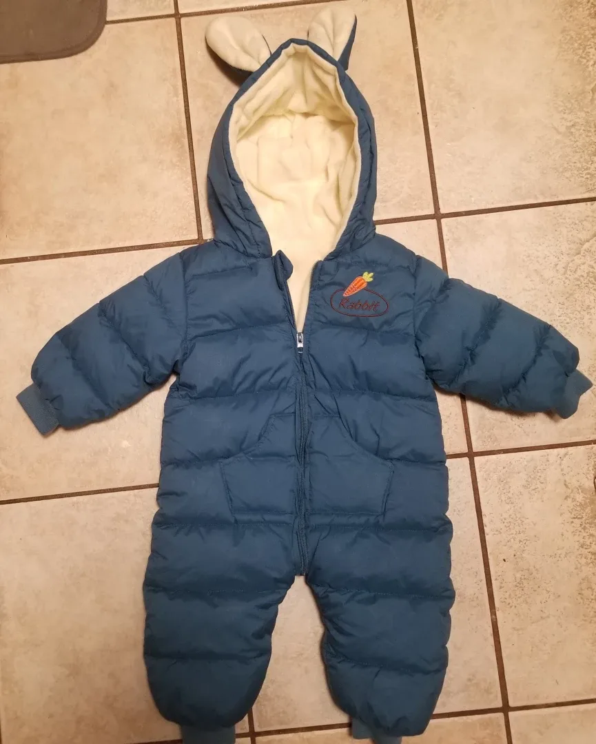 New and unused Rabbit Blue Padded Snowsuit with Bunny Ears