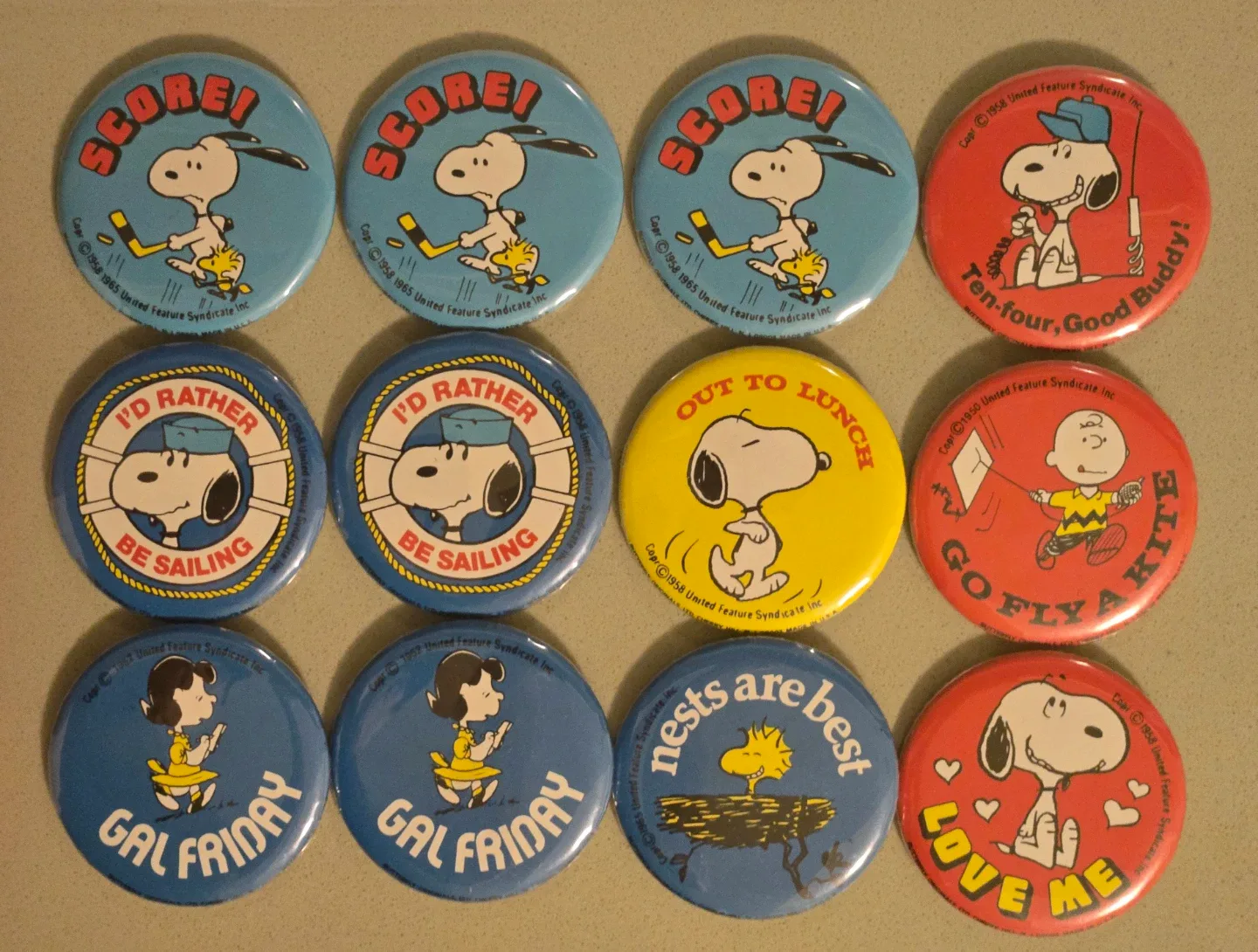 12 Vintage 1950's Snoopy & Peanuts Button Pin Collection