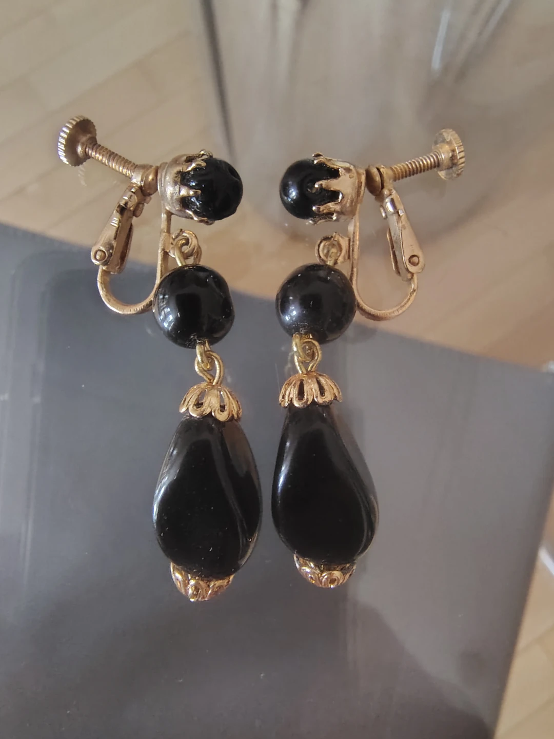 Vintage Bohemian (Czech) Jet Black Glass Teardrop Earrings -NOS