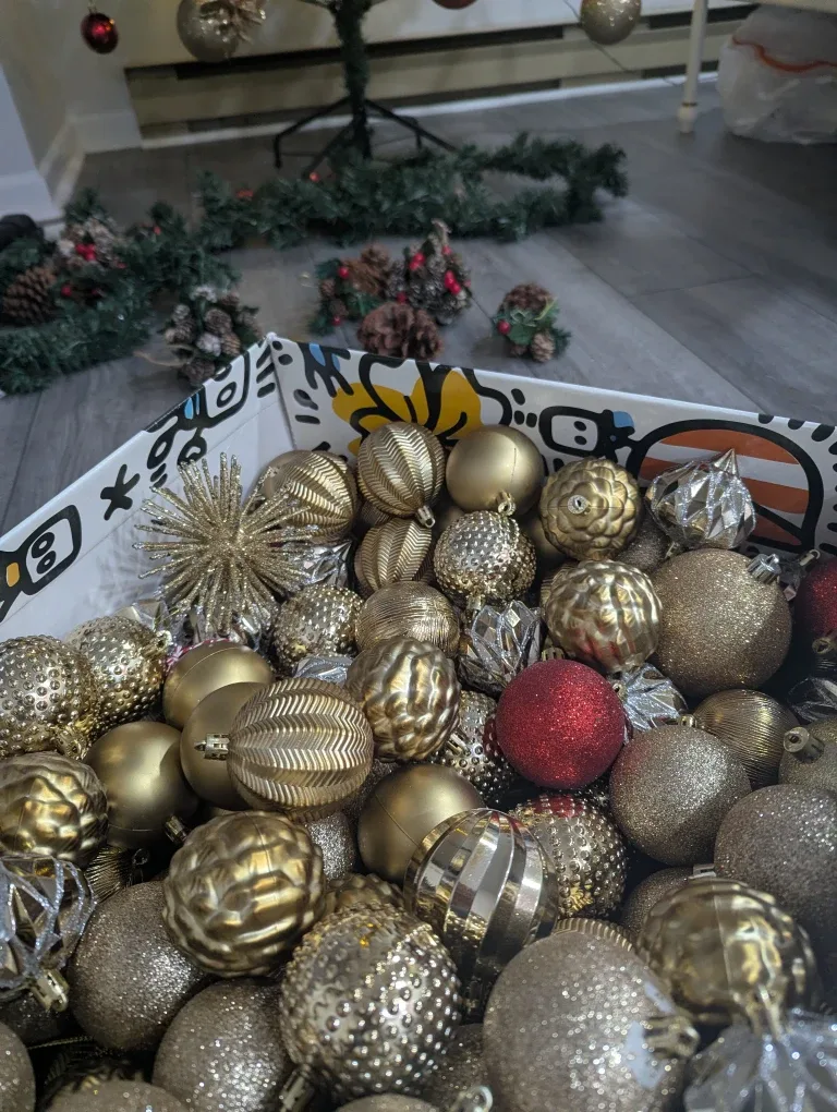 Box of Christmas Ornaments - Gold and Red