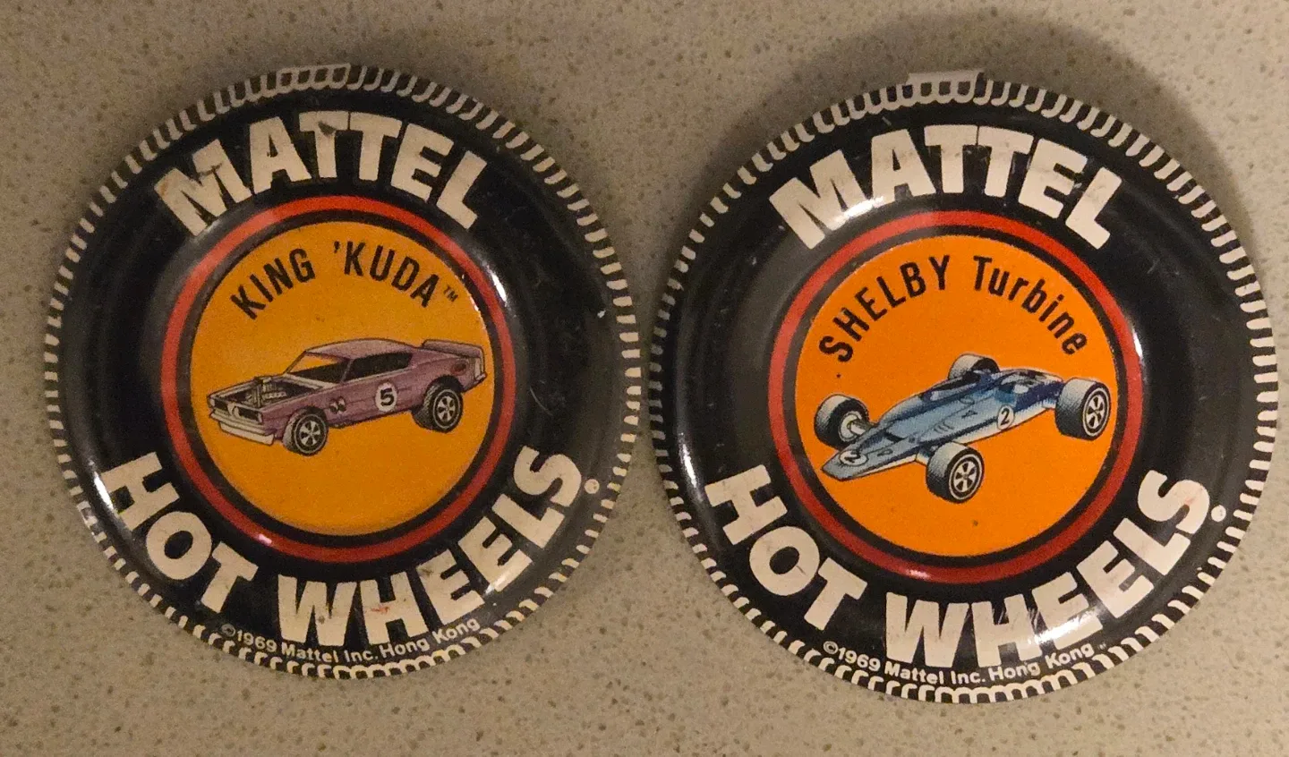 Vintage Mattel Hot Wheels Button King 'Kuda' & Shelby Turbine
