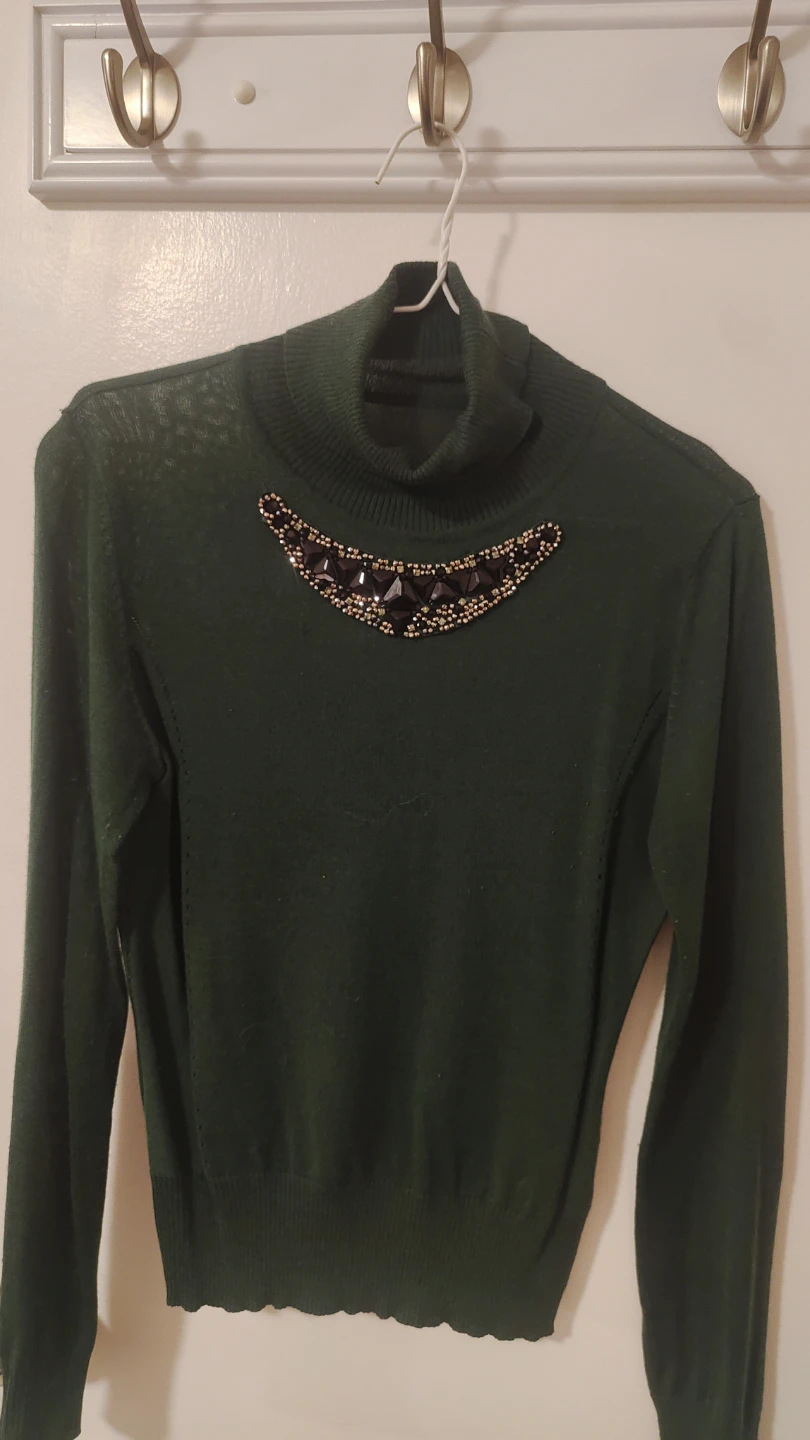 Green Turtleneck Sweater with Embellishments