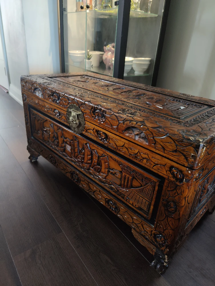 Carved Wooden Chest with Ship Design - photo 2