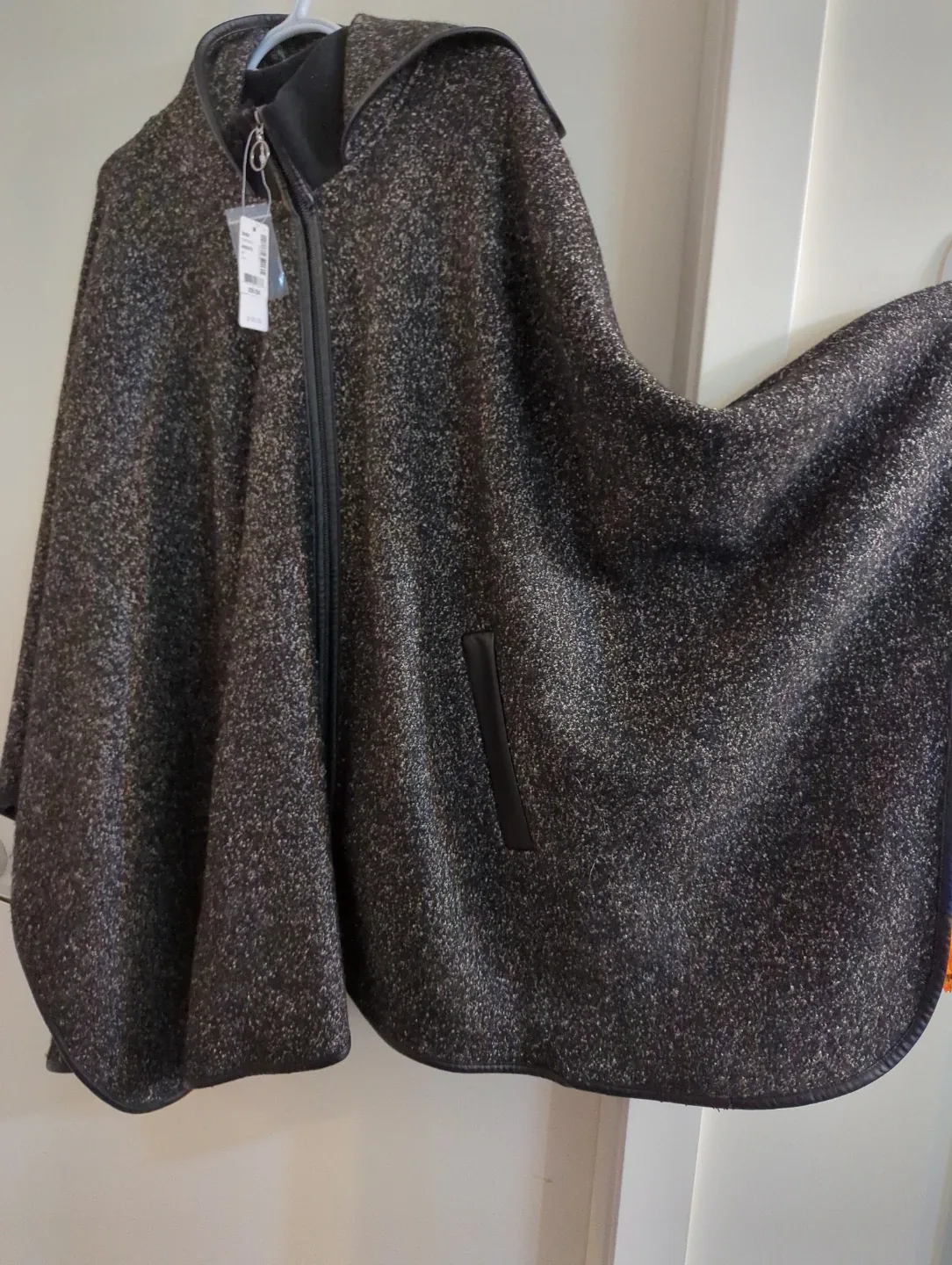 Poncho with hood poly/viscose/wool mix. image indicator(3)