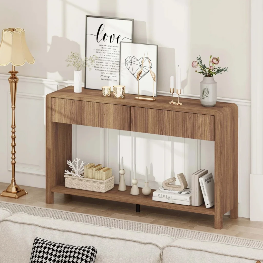47.2' Narrow Walnut Console Table With 2 Drawers