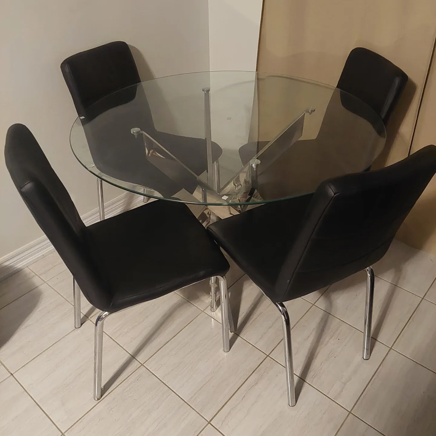Glass Top Dining Table with 4 Black Chairs