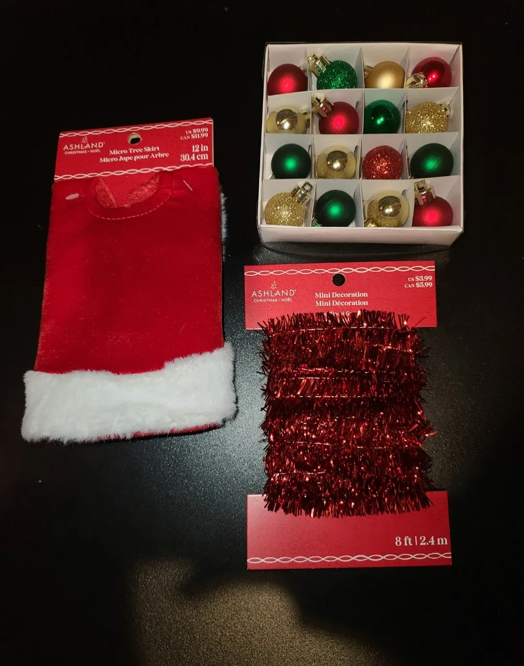 New miniature tree skirt, ornaments & tinel