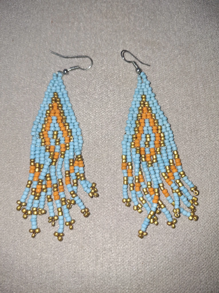 Beaded Dangle Earrings - Blue, Orange, Gold
