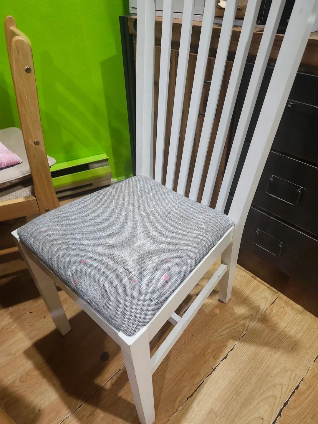 White Wooden Chair with Grey Patterned Seat