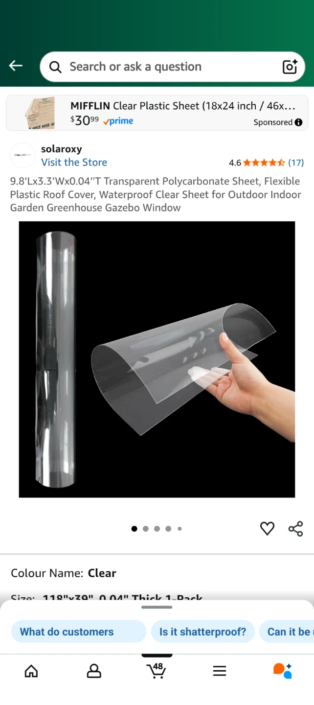 9.8’Lx3.3’Wx0.04’'T Transparent Polycarbonate Sheet