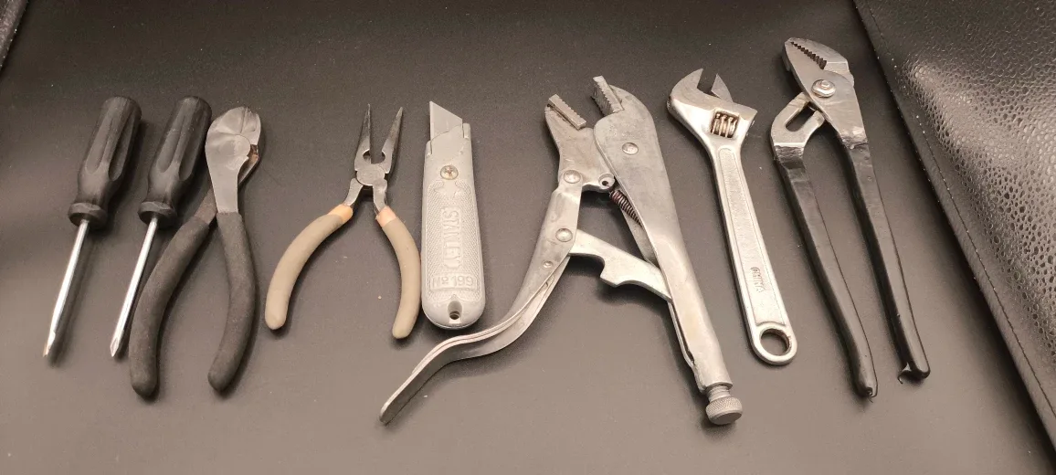 Mixed Tool Set - Screwdrivers, Pliers, Wrenches, Stanley Knife