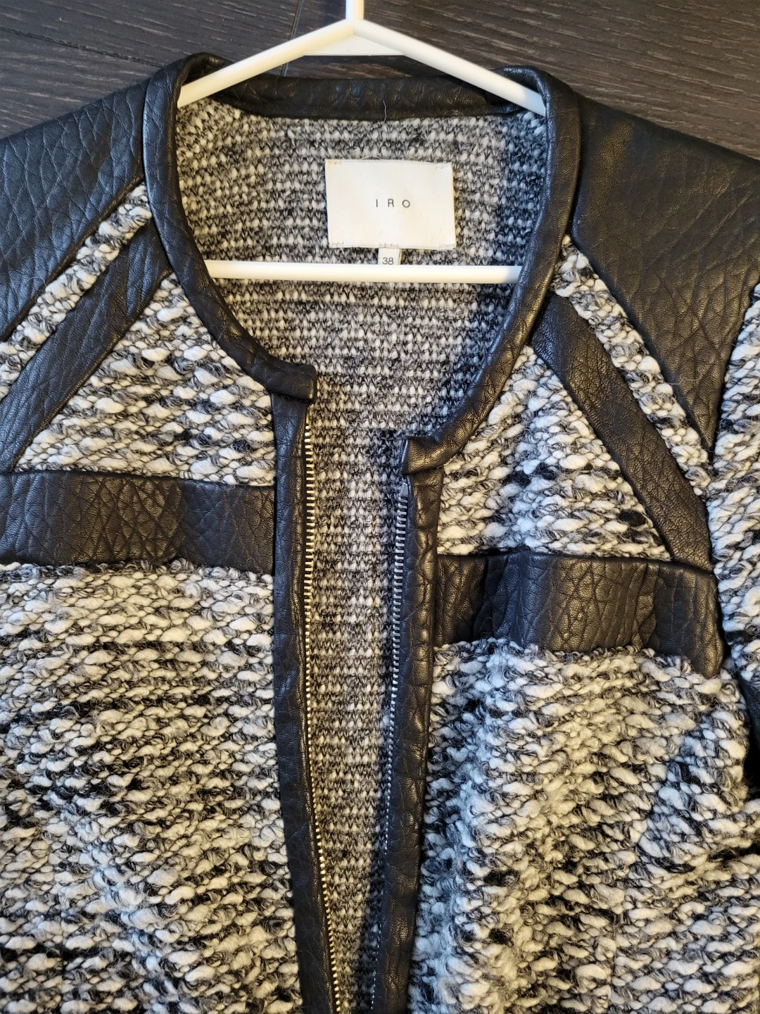 IRO Izzy Black Leather Grey Knit Jacket Sweater - photo 4