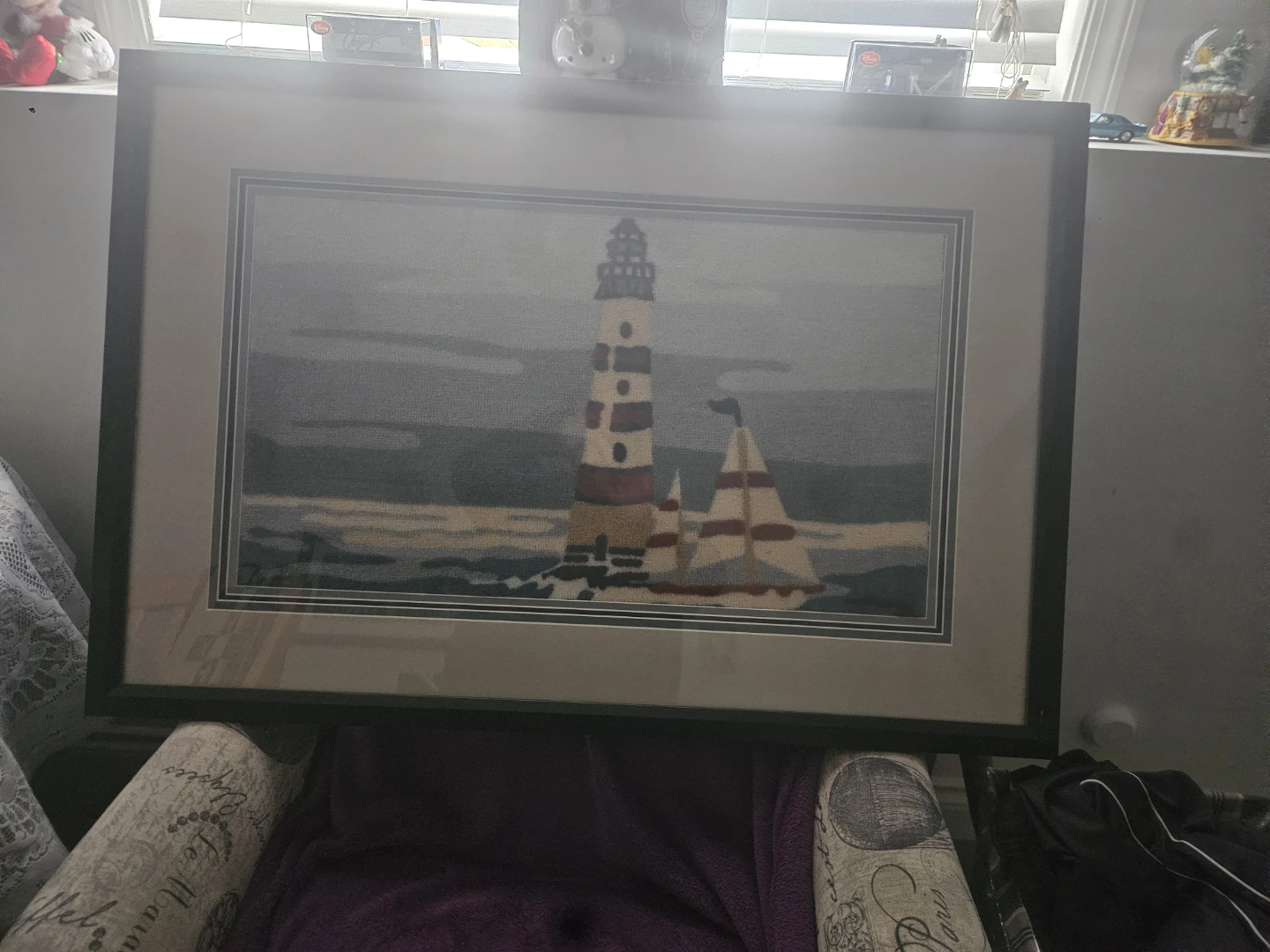 Framed Lighthouse & Sailboat Needlepoint Art