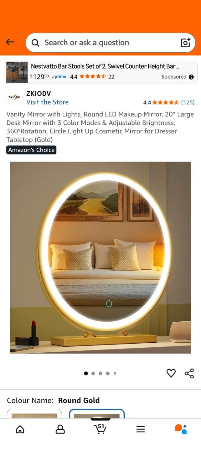 ZKIOV Vanity Mirror w/ Lights - Round Gold