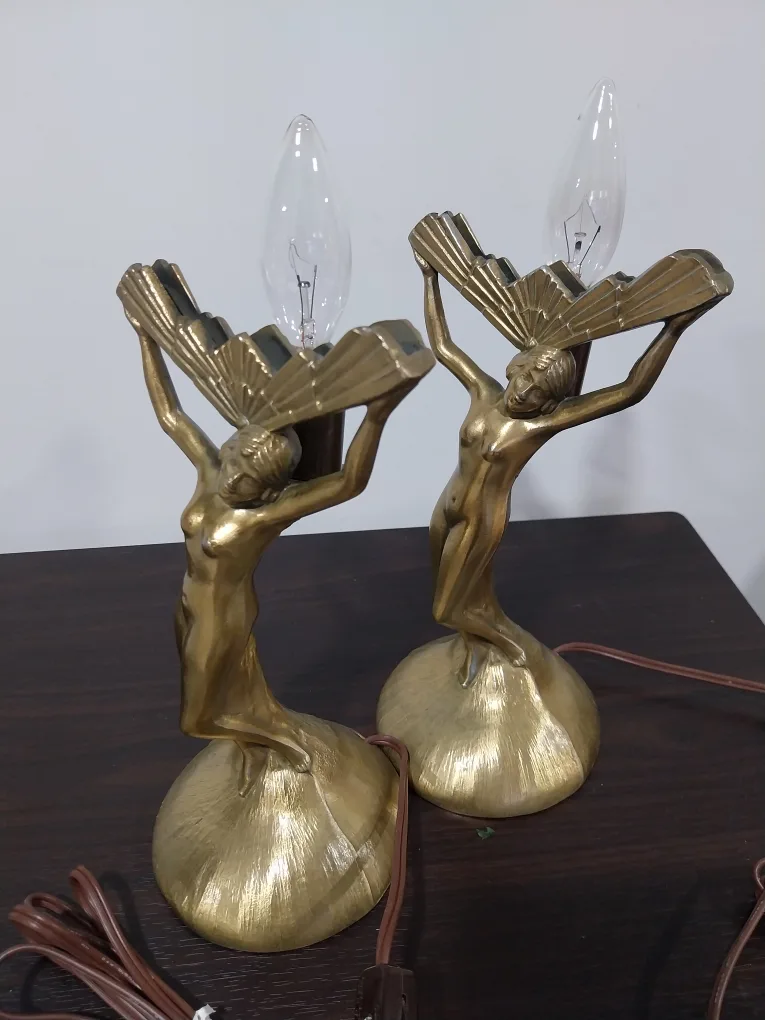 Art Deco Lady Sculpture Victory Metal Table Lamp Pair image indicator(6)
