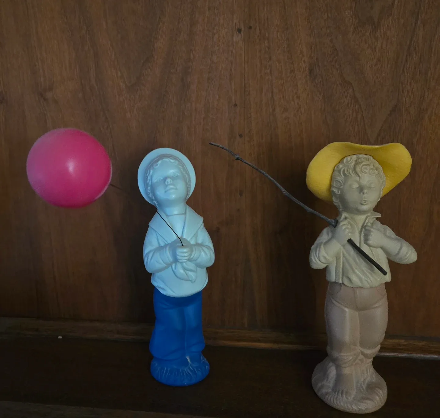 Vintage Boy Figurines with Balloon and Fishing Rod