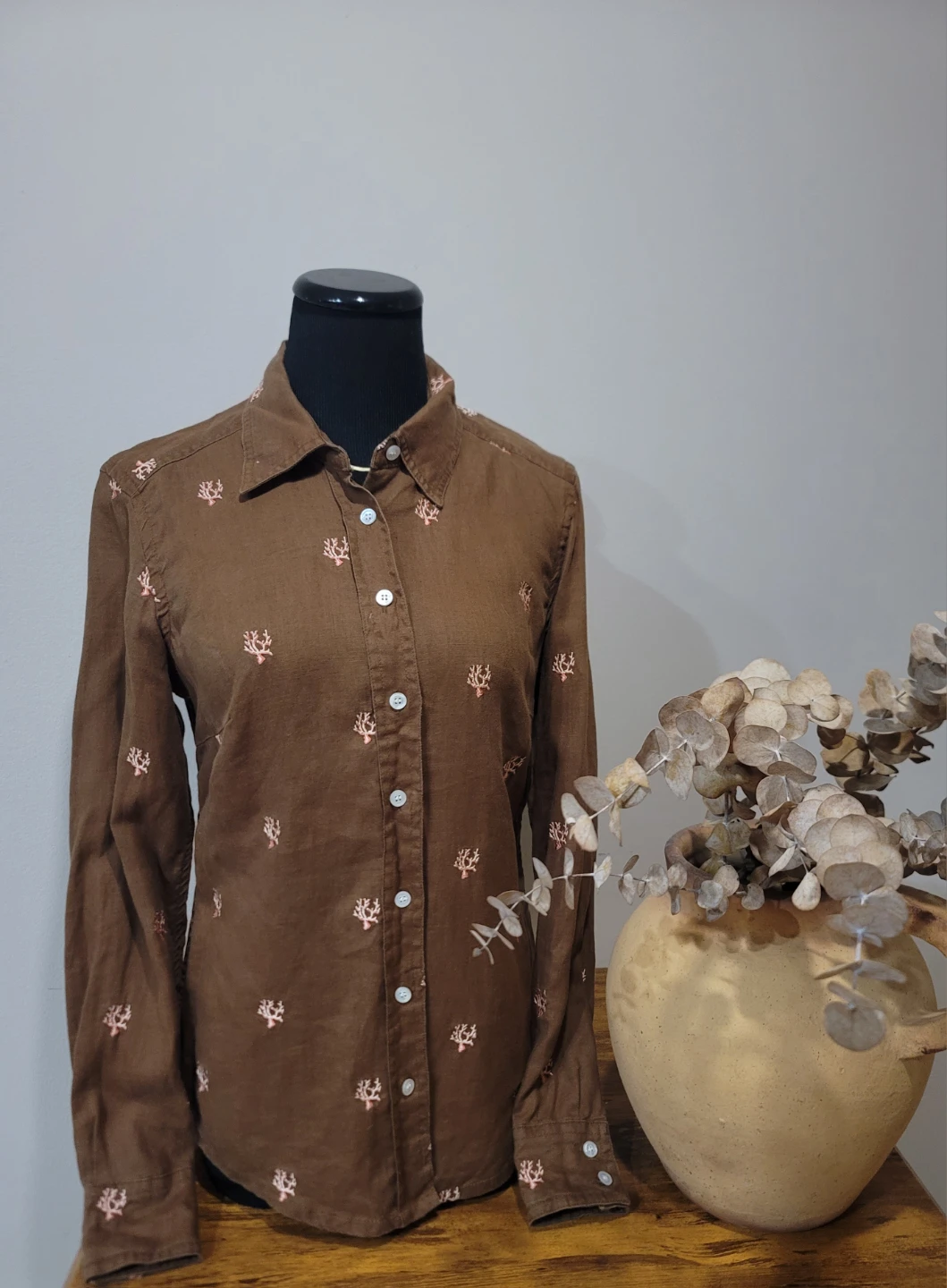 J. McLaughlin Brown Sea Coral Button Shirt Linen Size 2 EUC